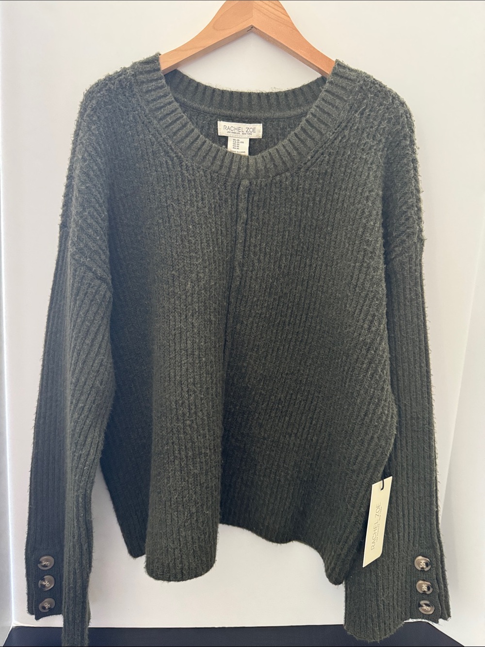 Rachel Zoe Dark Olive Ribbed Crewneck Sweater with Sleeve Buttons XL